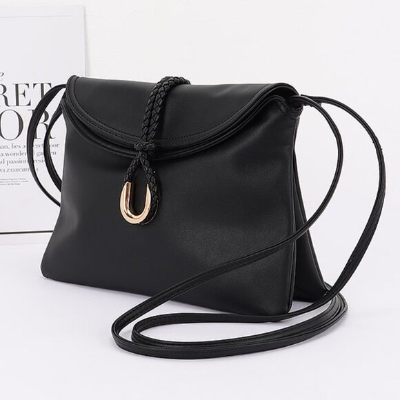 Lux Vegan Leather Crossbody Bag in Black with gold tone hardware  * 11W*8H*1D